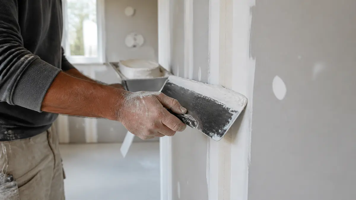 A contractor spreading joint compound over drywall seams with a wide taping knife before sanding
