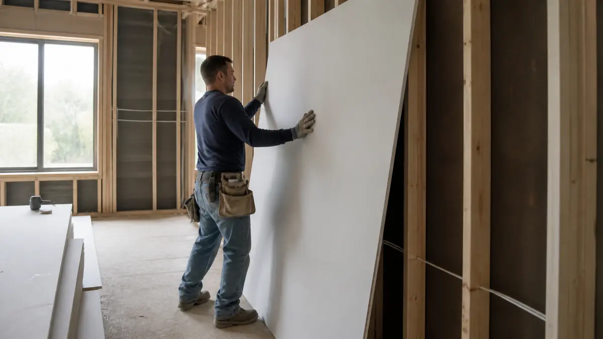 A drywall installer lifting a large gypsum board panel onto wall framing in an unfinished room