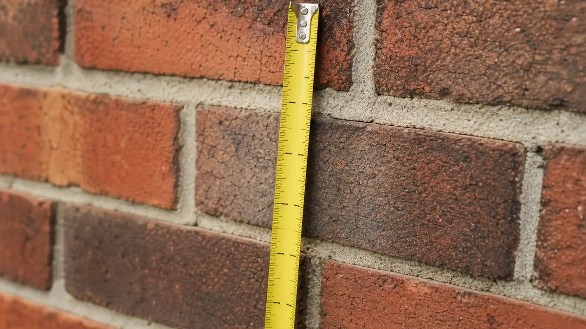 A close up of a brick wall with a tape measure spanning several courses to count bricks per square foot