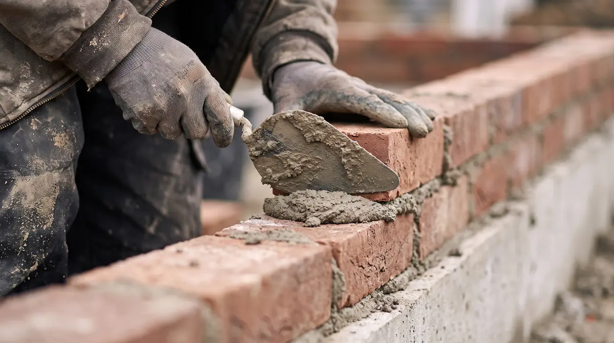 Close up of a bricklayer buttering mortar onto a brick as a double-wythe wall rises on a footing