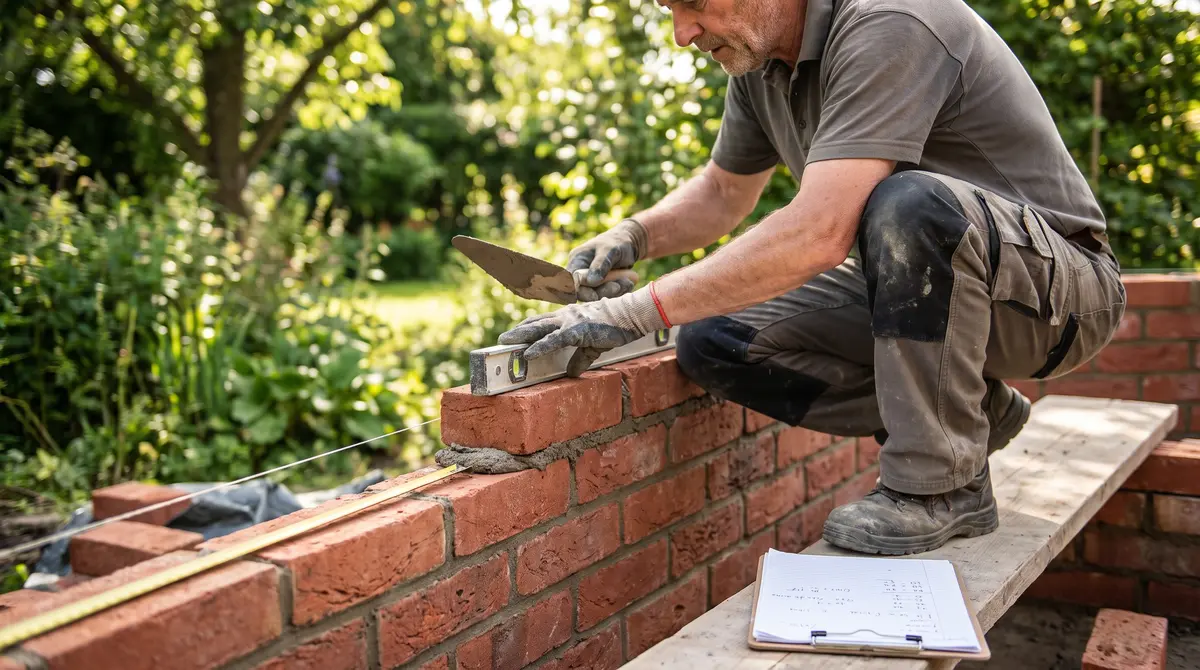 A mason laying red brick with mortar on a garden wall, measuring the brick wall cost per square foot job