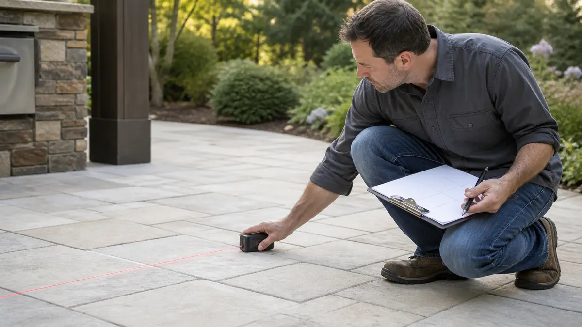 A person using a laser measure across a patio while noting dimensions on a clipboard