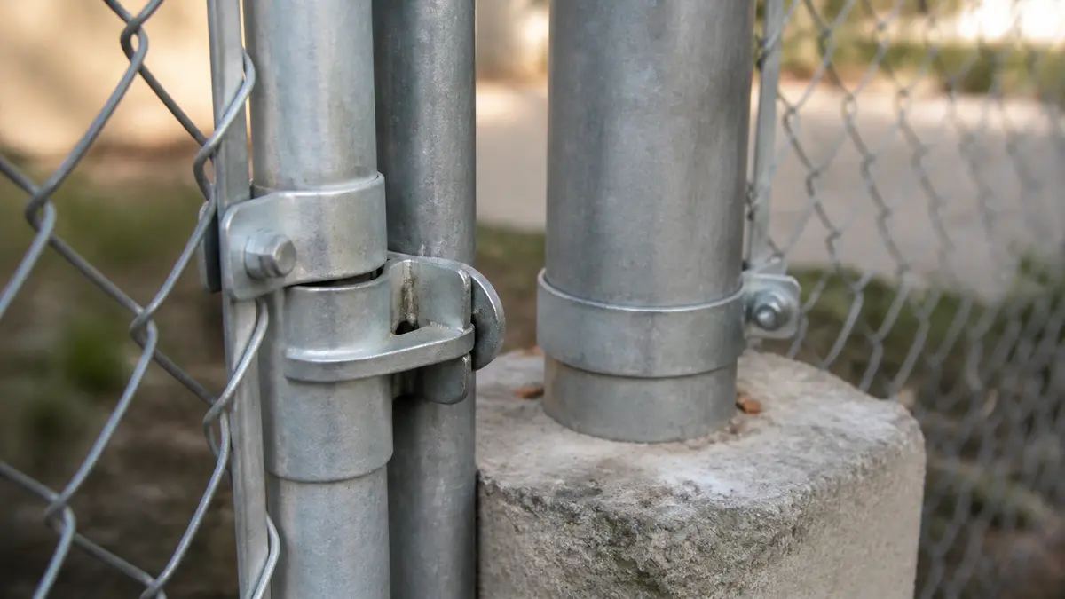 Close-up of a chain link fence gate latch and terminal post set in concrete