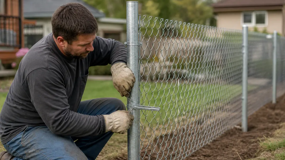 A contractor installing galvanized chain link fence mesh between metal posts in a residential backyard