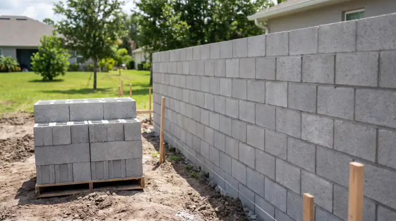 A newly built gray concrete block wall along a property line with a stack of unused CMU blocks beside it
