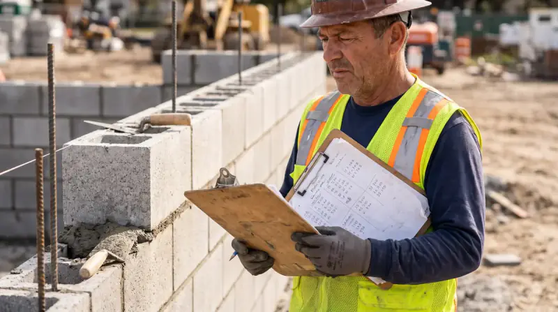 A contractor reviewing material costs on a clipboard next to a partially completed concrete block wall