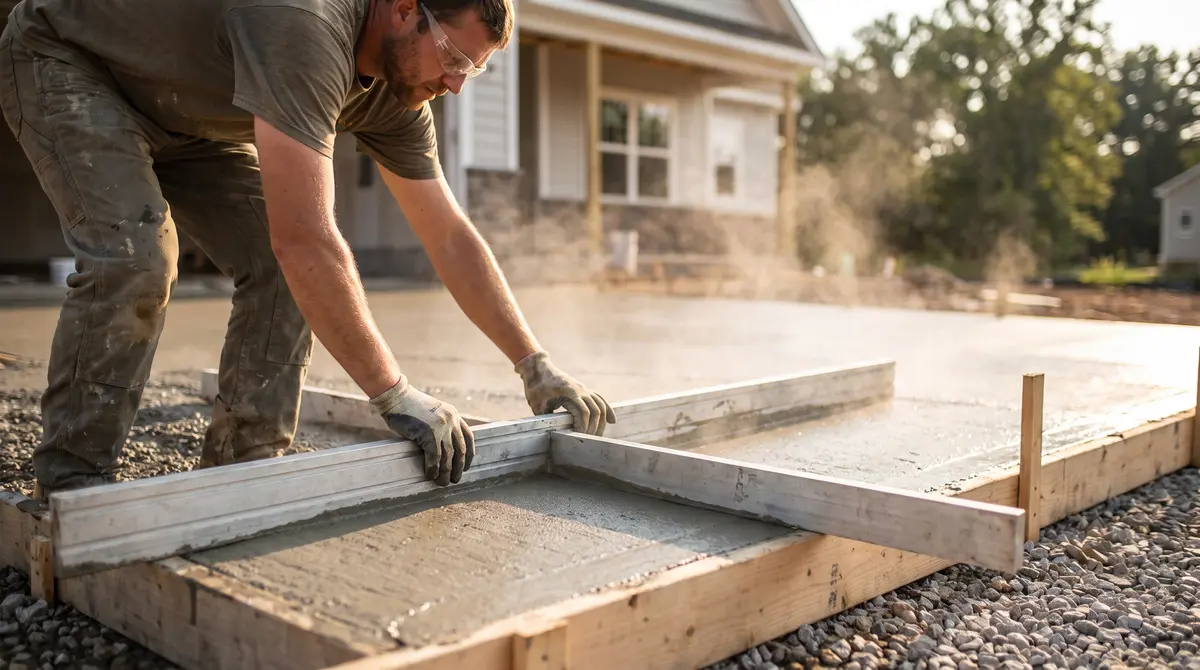A worker screeding wet concrete level across wooden forms for a new driveway slab
