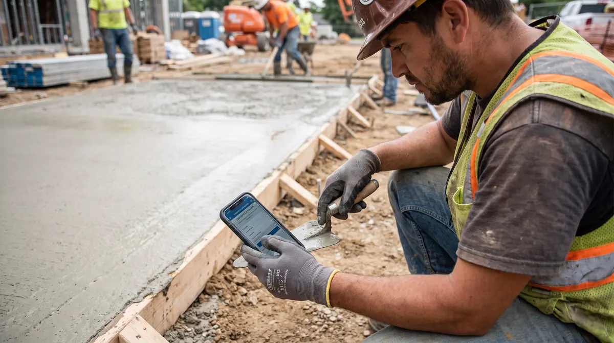 A contractor checking a concrete calculator on a phone beside a freshly formed slab pour