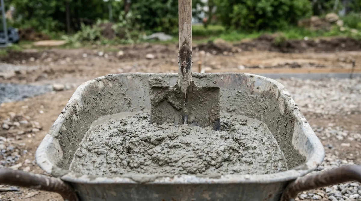 A wheelbarrow of freshly mixed concrete with a shovel showing a thick workable consistency