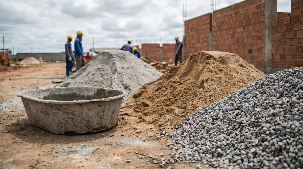 Piles of cement, sand and gravel beside a mixing tub on a construction site
