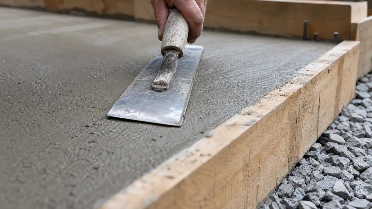 Close-up of a trowel smoothing a curing concrete slab next to wooden edge forms and a gravel base