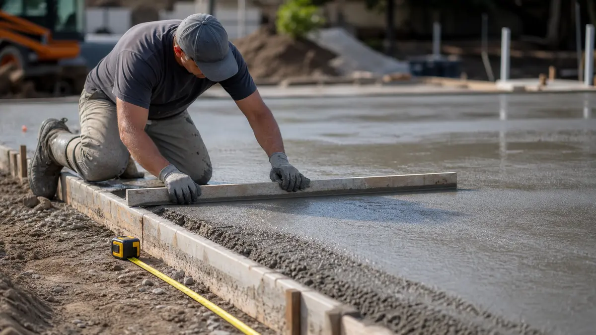 A concrete finisher screeding a fresh slab pour beside a tape measure marking square footage on a job site
