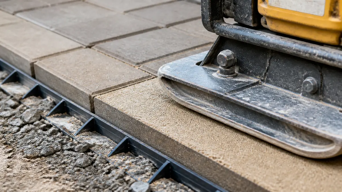 Close-up of a paver driveway edge restraint with joint sand being compacted by a plate tamper