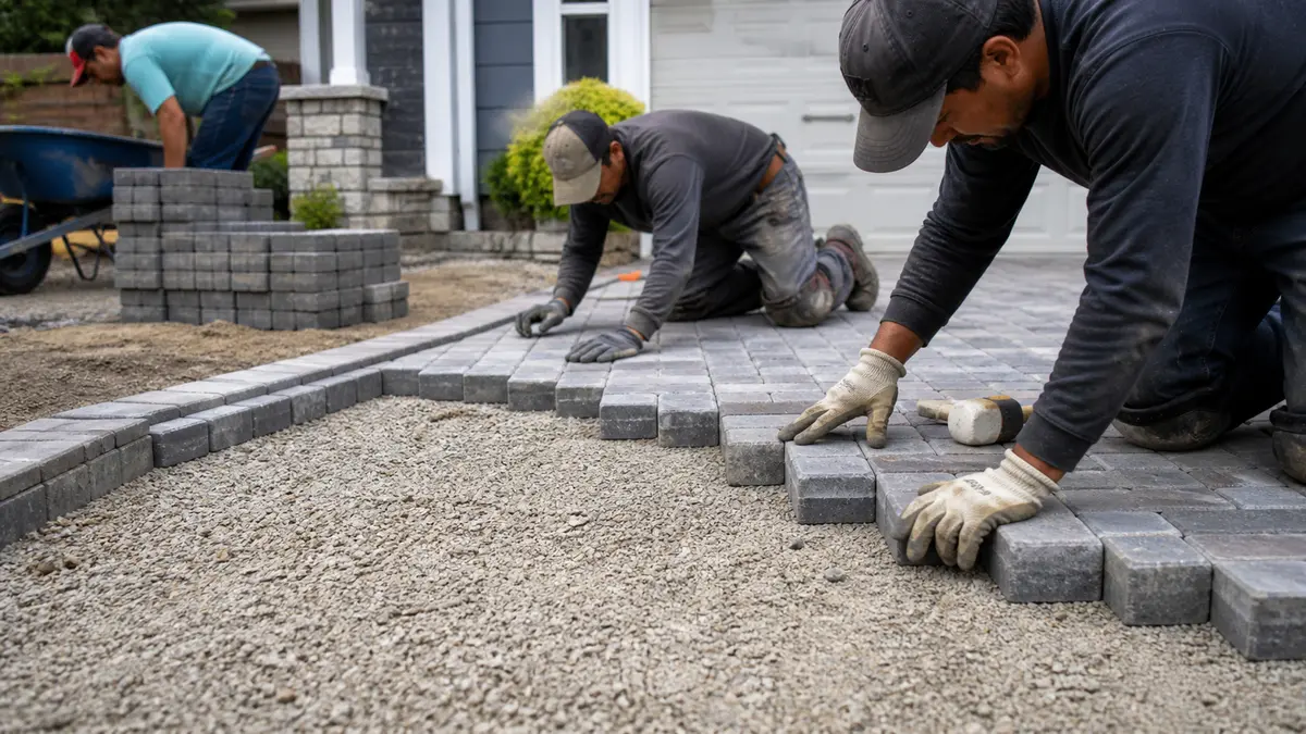 A crew installing interlocking concrete pavers on a compacted gravel base for a new residential driveway