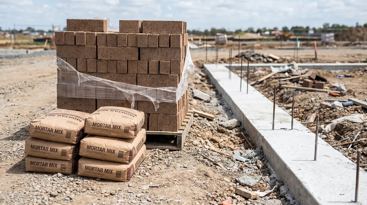 A pallet of clay bricks and bags of mortar staged beside a poured concrete footing on a build site