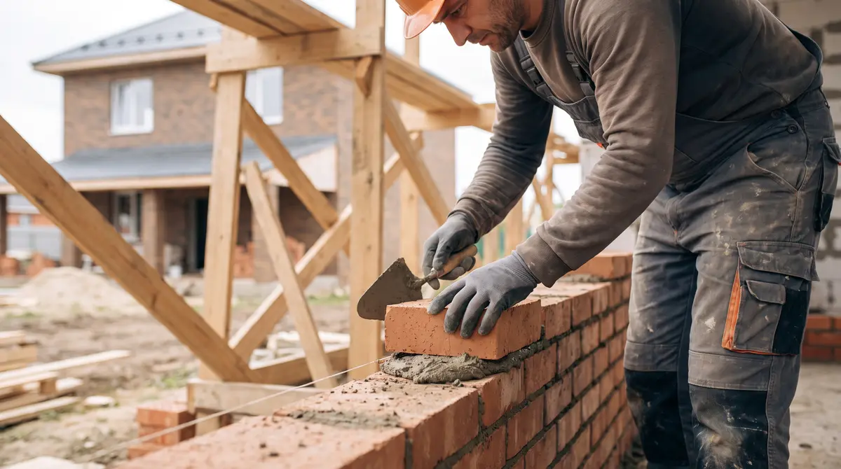 A mason laying a brick wall course by course with a trowel and mortar on a residential job site