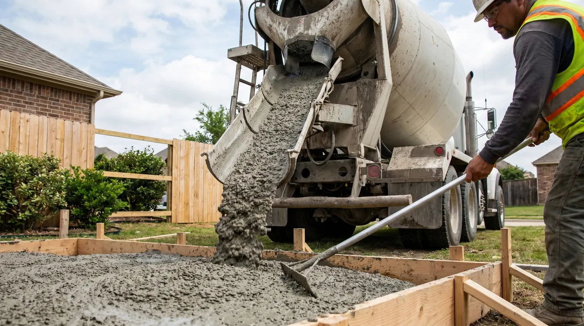 A ready-mix truck pouring concrete down its chute into wooden forms for a backyard slab