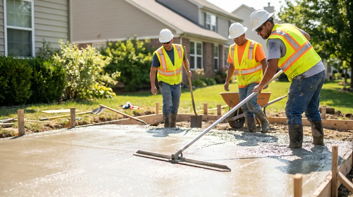 Workers finishing a freshly poured concrete patio slab with a bull float