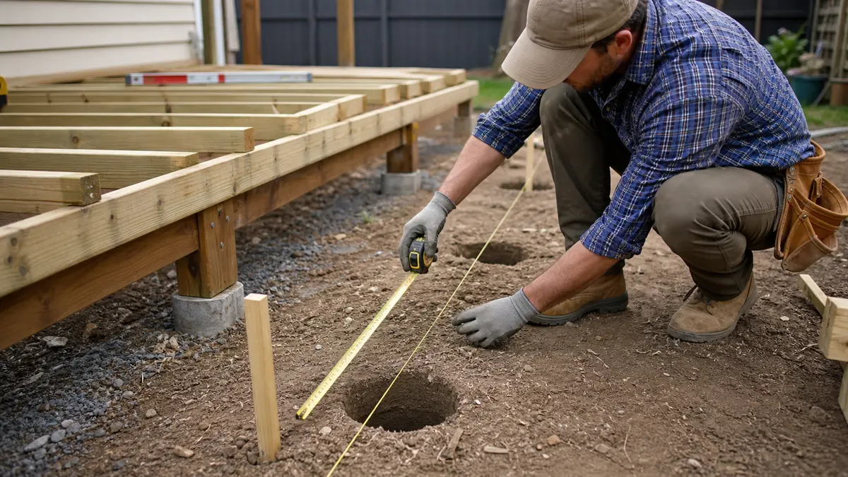 A builder measuring footing hole spacing with a tape measure on a backyard deck job site