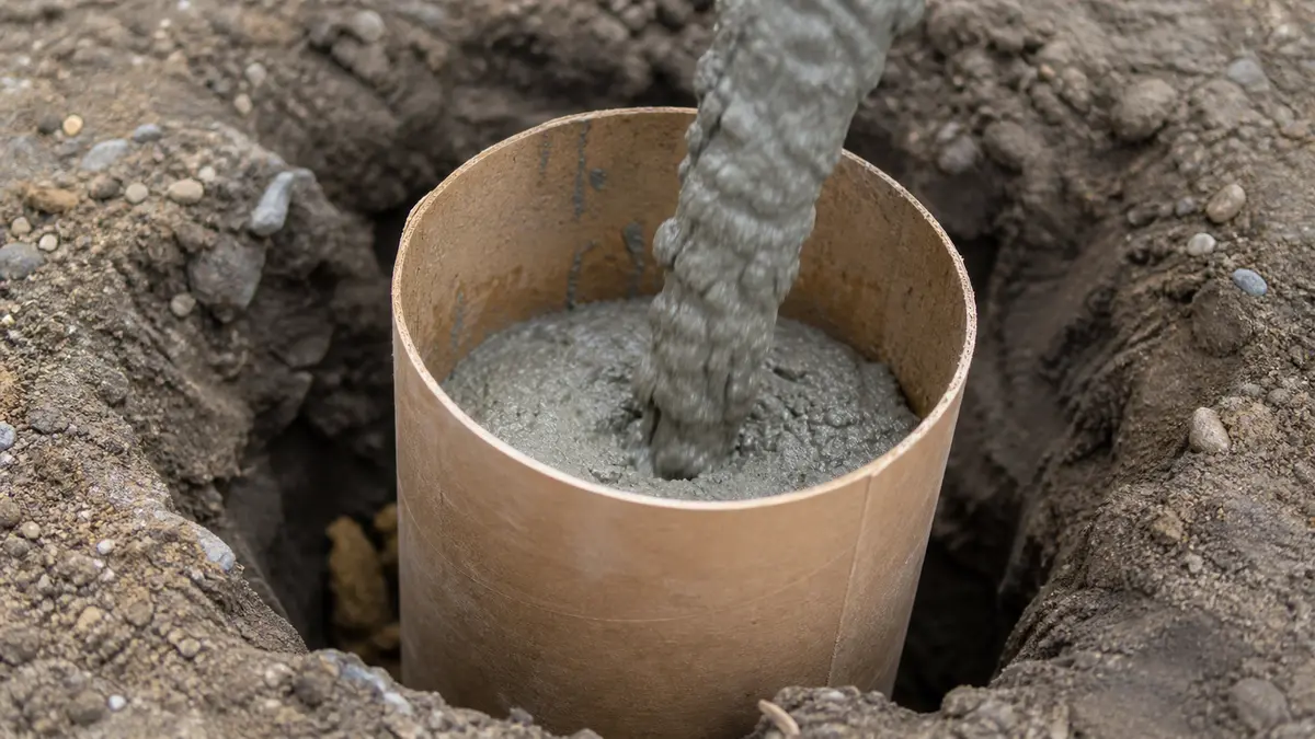 A round cardboard tube form set in a dug hole for a deck footing being filled with wet concrete
