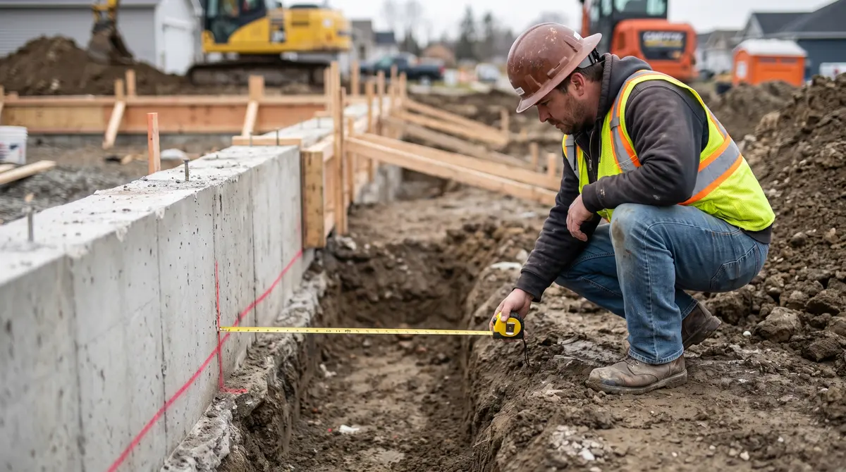 A builder checking footing trench depth with a tape measure against the frost line on a residential foundation