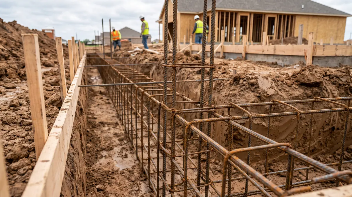 An excavated footing trench dug well below grade with rebar in place ready for a concrete pour on a house site