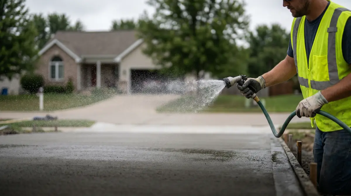 A worker spraying water to keep a new concrete driveway moist during the first days of curing