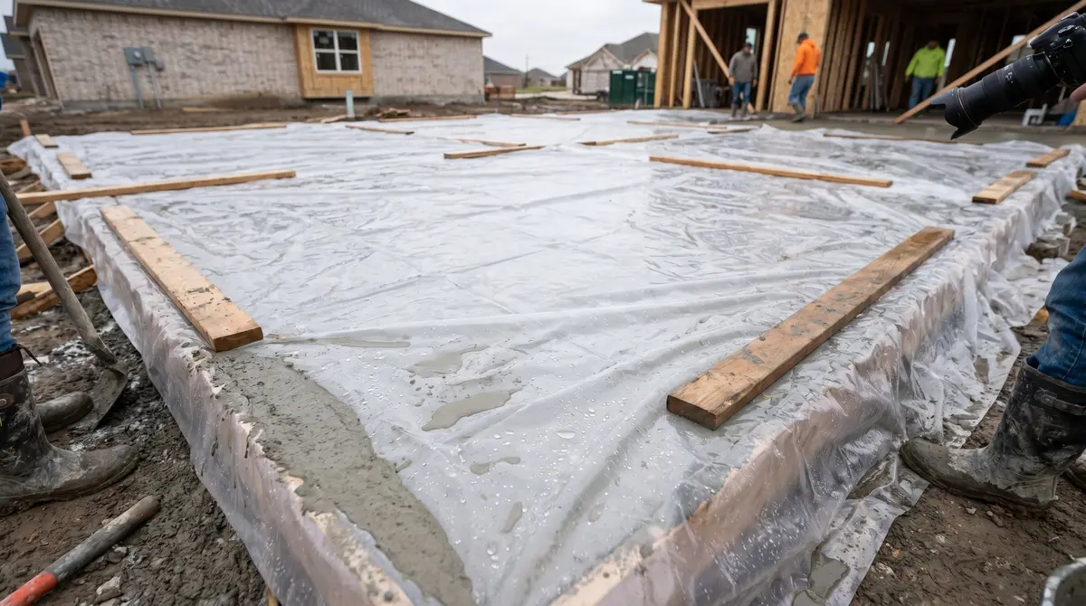 A freshly poured concrete slab curing under plastic sheeting on a residential job site