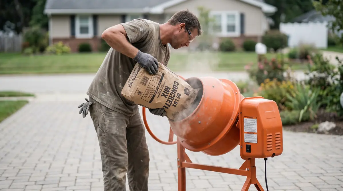 A worker tipping an 80 lb bag of dry concrete mix into a powered mixer on a driveway