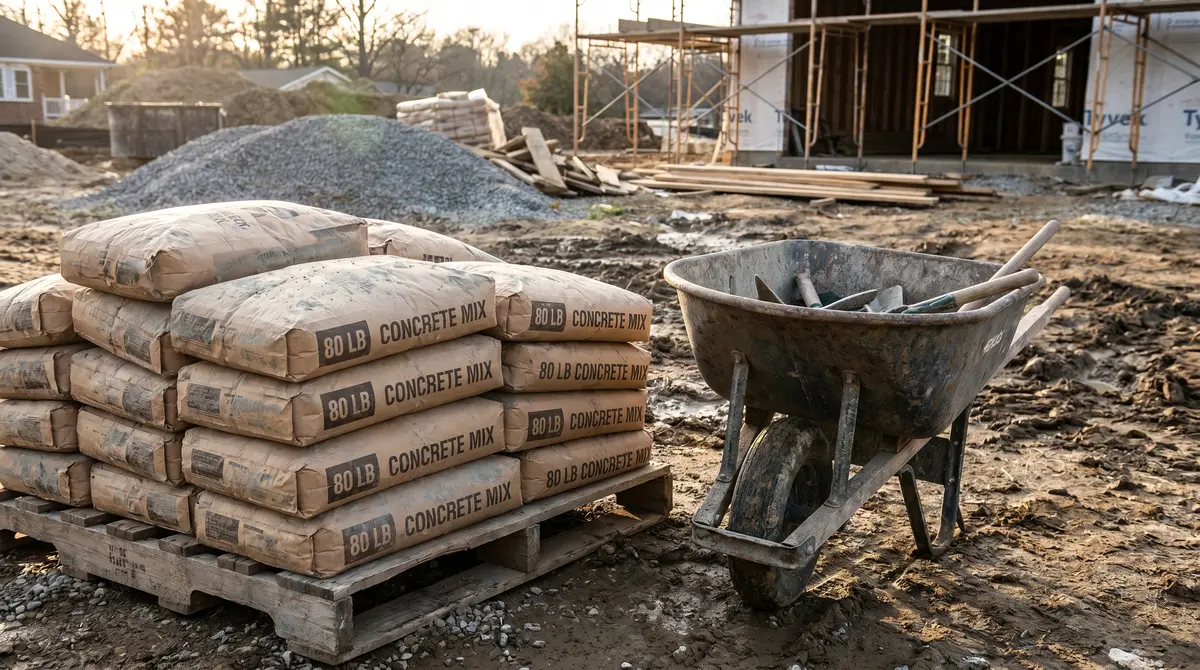 Stacked 80 lb bags of concrete mix on a pallet beside a wheelbarrow on a job site