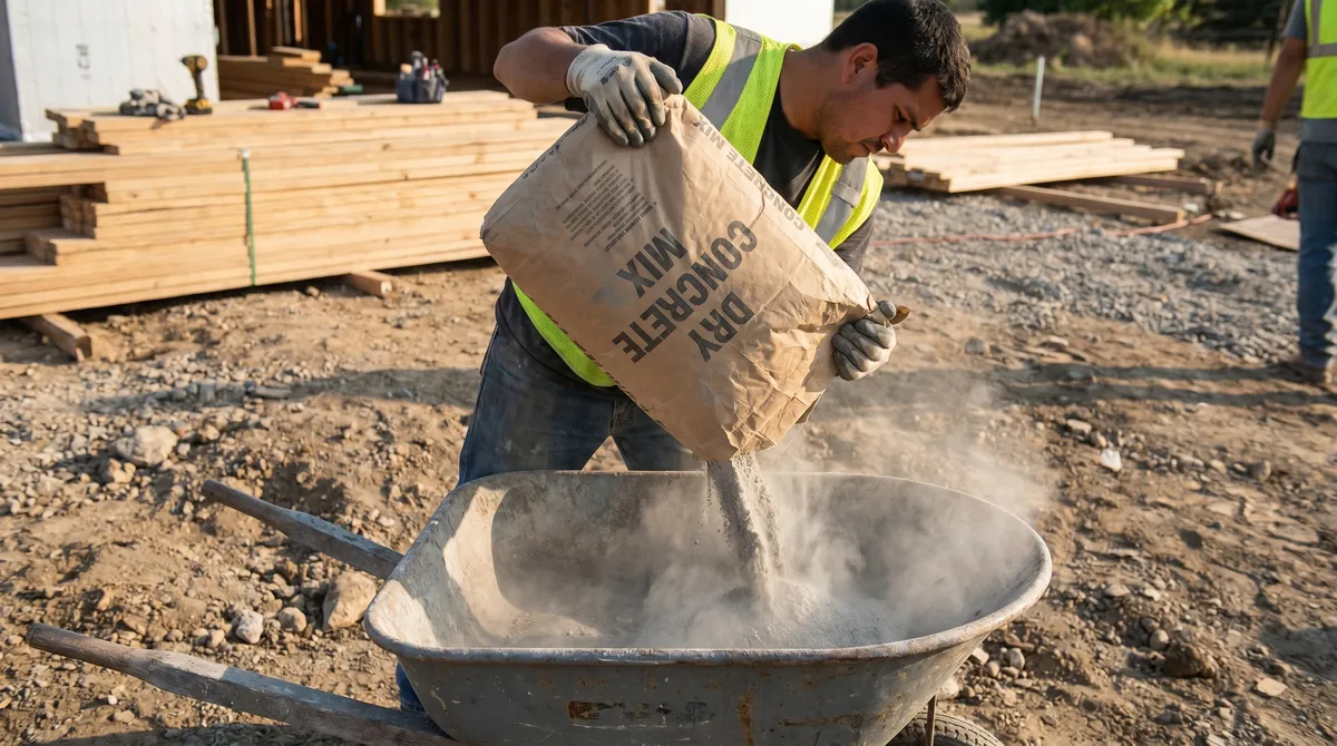 An 80 lb bag of concrete mix being emptied into a wheelbarrow on a job site