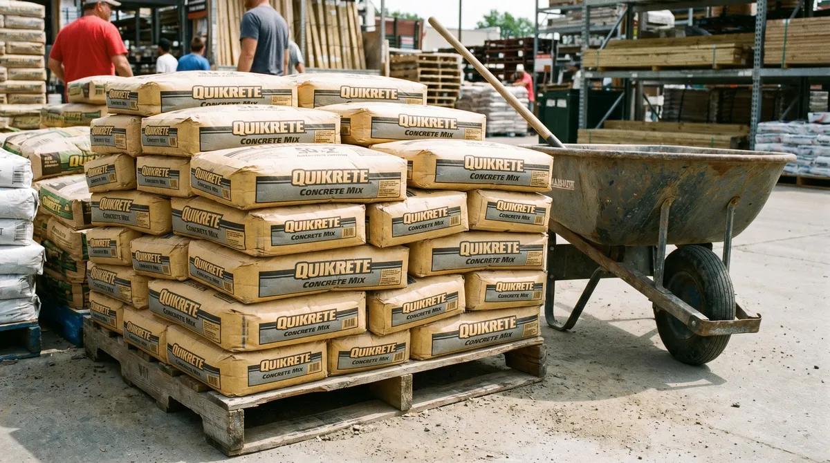 Bags of concrete mix stacked on a pallet next to a wheelbarrow at a building supply yard