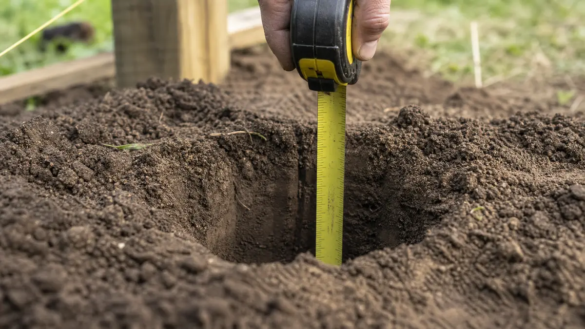 Close-up of a tape measure checking the depth of a freshly dug fence post hole