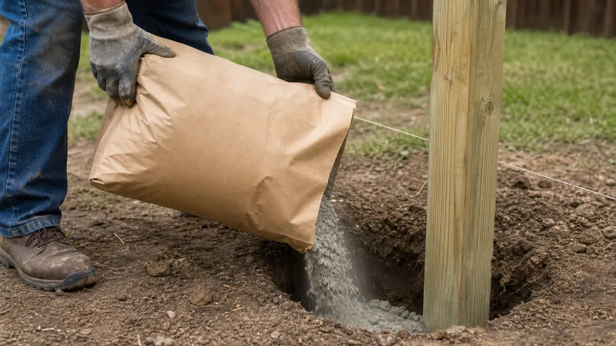 A homeowner pouring bagged concrete mix into a round post hole beside a wooden 4x4 fence post