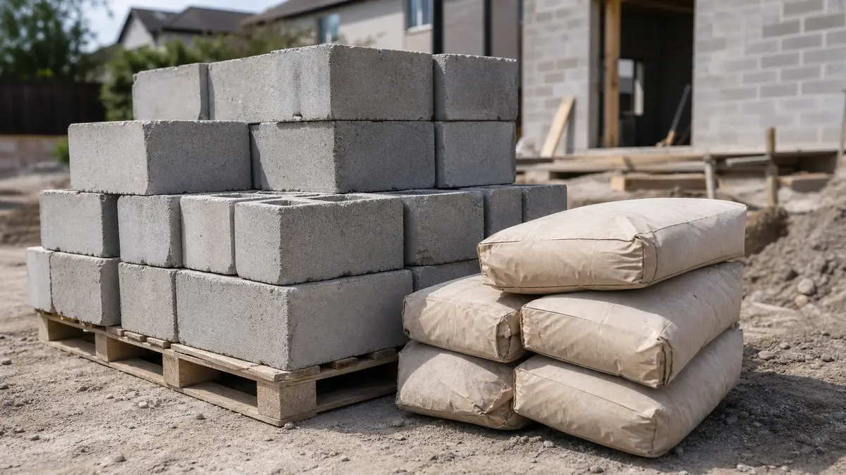 Stacked pallets of concrete blocks beside bags of mortar mix at a residential masonry job site