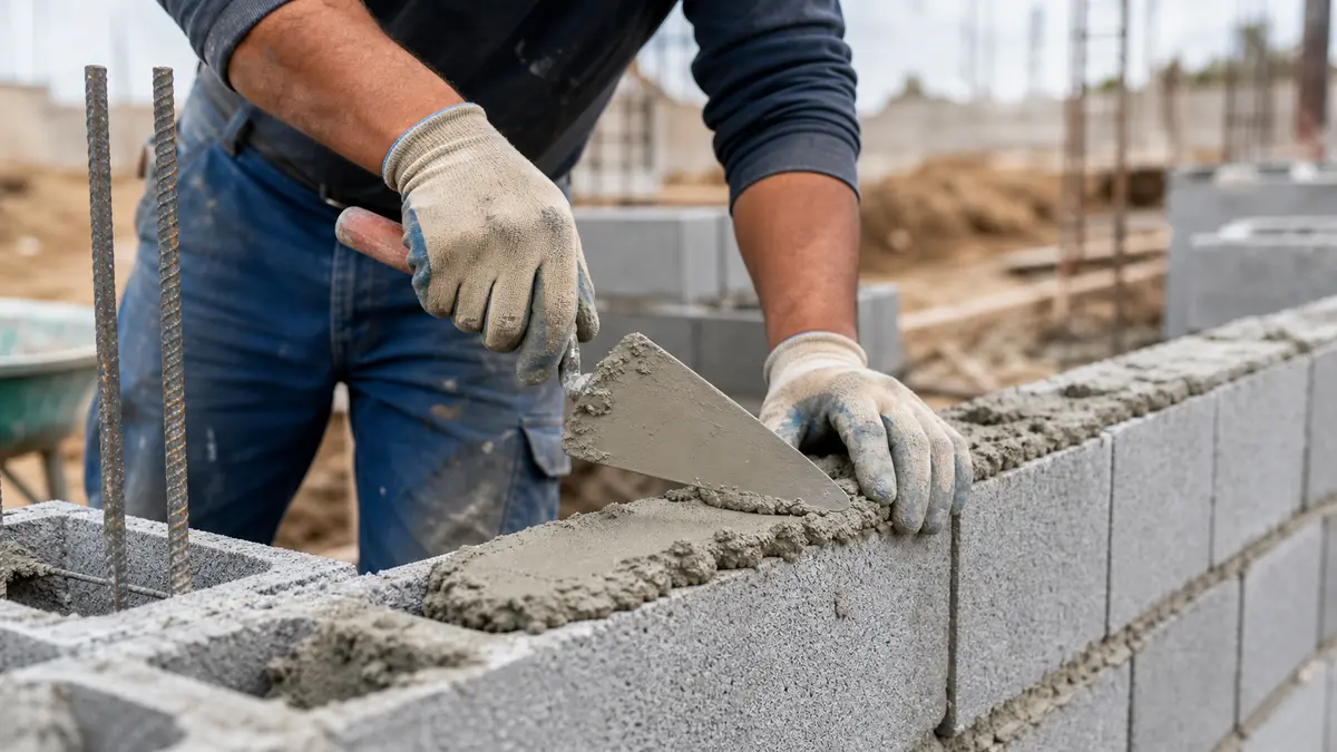 A mason buttering mortar onto a concrete block while building a gray block wall on a job site