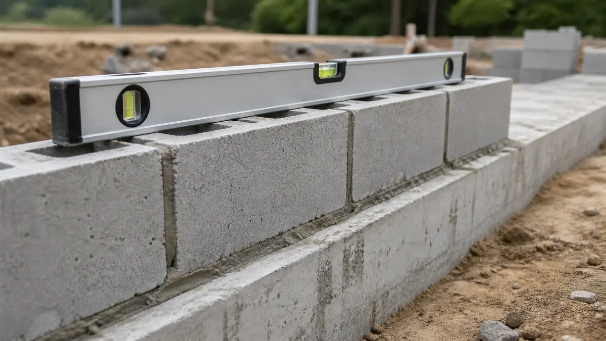 A level resting across the first course of concrete block atop a poured footing during wall construction