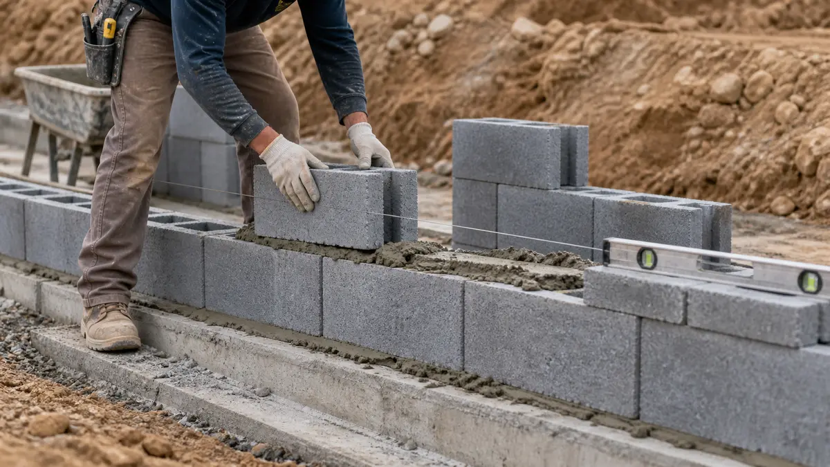 A mason laying concrete blocks course by course to build a gray CMU wall on a fresh footing