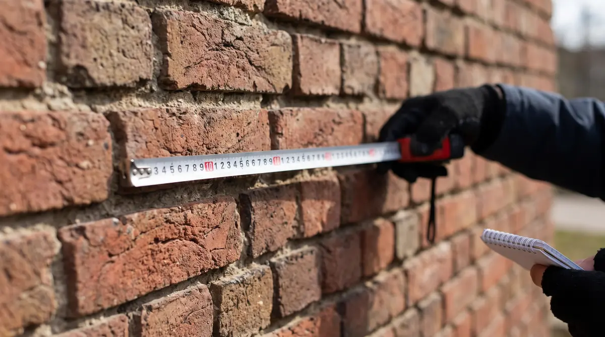 A tape measure held against a brick wall to work out the square footage before ordering bricks