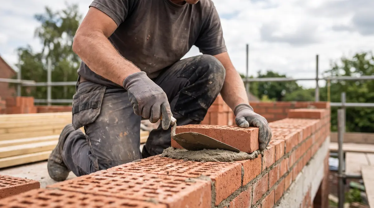 A mason laying a red brick wall course by course with a trowel and mortar on a residential build