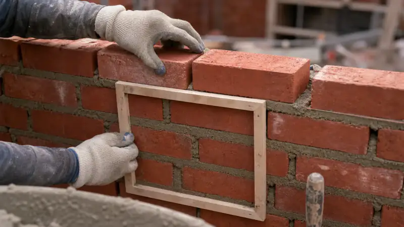 A mason spacing red bricks along a course to check coverage against one square foot of wall face