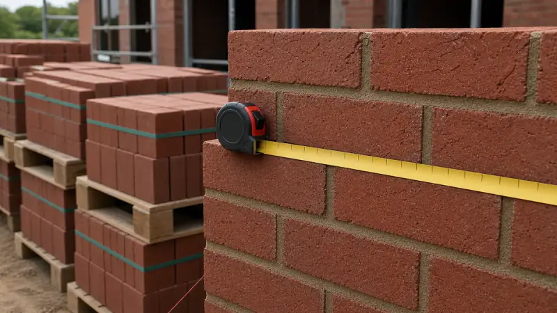 Stacked brick pallets beside a finished wall section with a tape measure laid across the courses