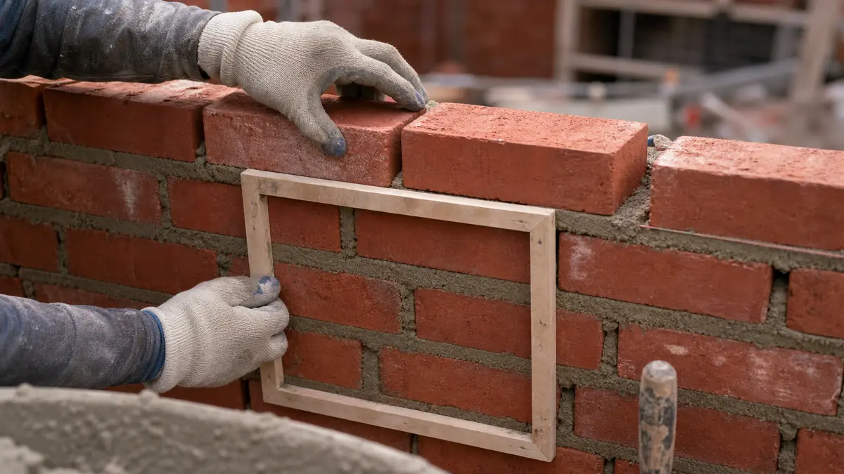 A mason spacing red bricks along a course to check coverage against one square foot of wall face