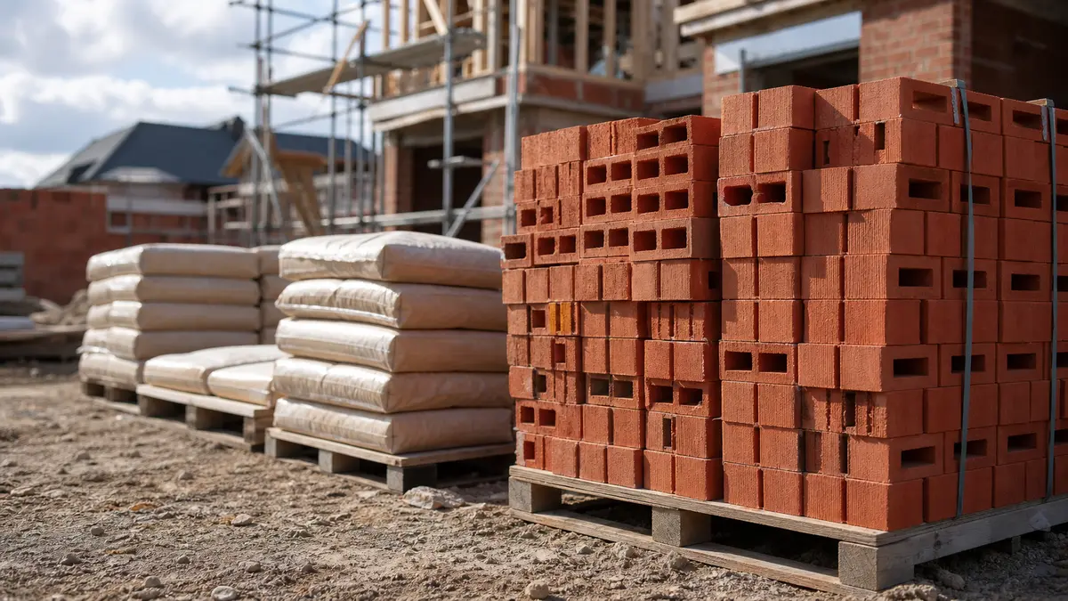 Stacked pallets of red modular bricks and mortar bags on a residential building site ready to lay
