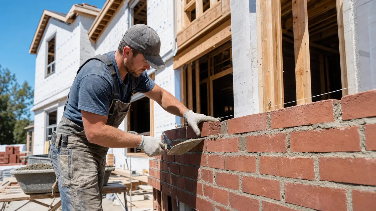 A mason laying a brick veneer wall on a two-story house under construction on a sunny job site