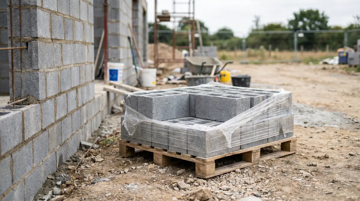A pallet of grey cinder blocks on a job site next to a partly built concrete block wall