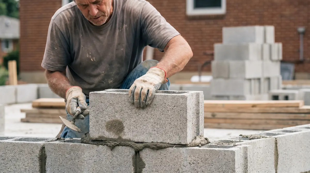 A mason laying a course of 8x8x16 cinder blocks on a mortar bed for a new block wall