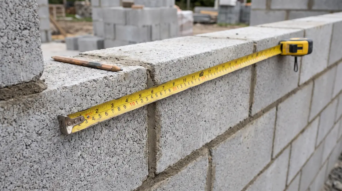 A tape measure laid across a concrete block wall to count courses and calculate the block quantity