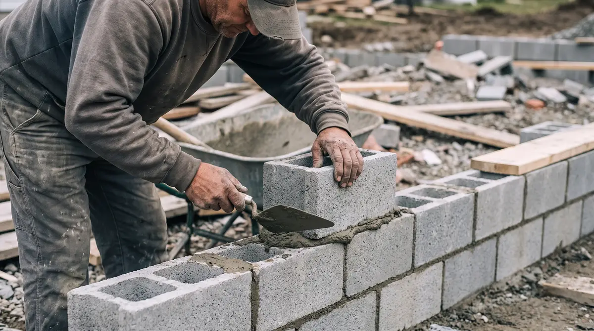A mason stacking gray concrete blocks in a running bond pattern on a new foundation wall