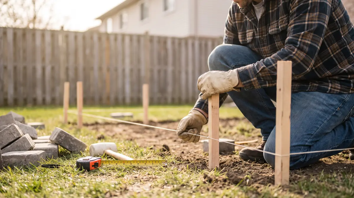 A homeowner using a string line and stakes to lay out the corners of a new paver patio